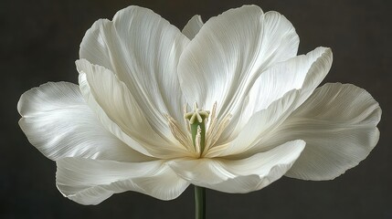 A detailed close-up of a single, elegant white tulip.