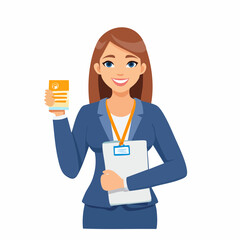 Flat character vector of a smiling corporate employee holding documents and wearing an ID badge, ready for work