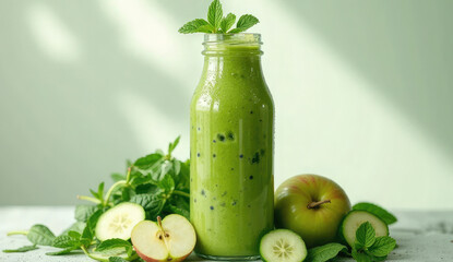 Fresh Green Smoothie in Glass Bottle with Fruits and Herbs