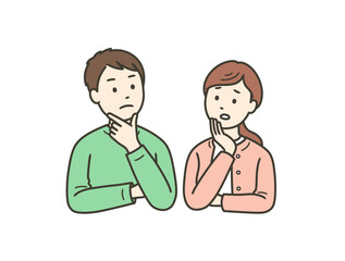 顔に手を当てて悩む成人男女夫婦の上半身イラスト