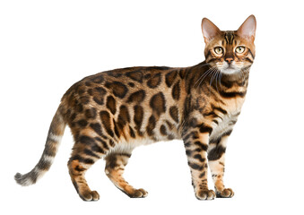 Elegant Bengal cat PNG on a transparent background emphasizing its luxurious coat and playful nature.