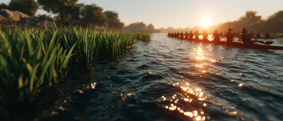 Majestic Dragon Boat Race at Sunset  Teamwork  Competition  Serenity