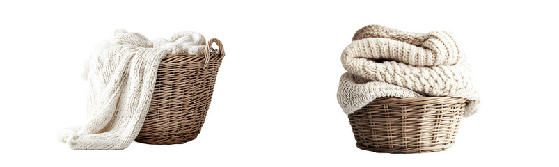 Obraz premium set of Woven laundry basket filled with knitted blankets. isolated on transparent background