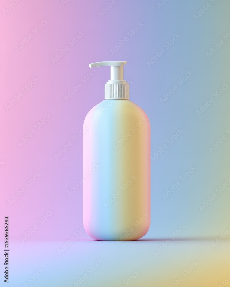 Poster mockup of blank shampoo bottle with pump against a soft gradient background in minimalist style