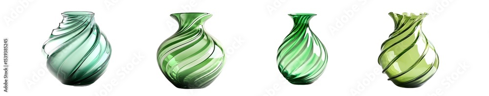 Poster set of decorative glass vases in various shades of green with intricate swirling patterns. isolated 
