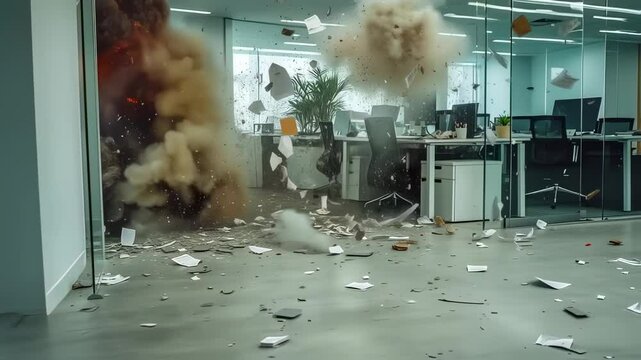 Dramatic office explosion with flying debris showcasing workplace disruption and chaos