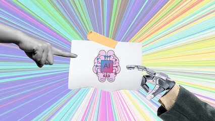 Human and robotic hands touching the AI chip on the brain with a colored background. Concept of Business AI or Artificial Intelligence Technology. Collage art