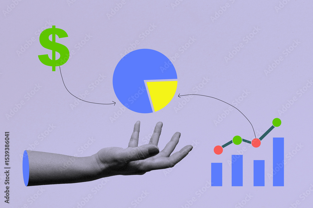 Poster human hand showing a pie chart with dollar currency and an upward graph on a colored background. con