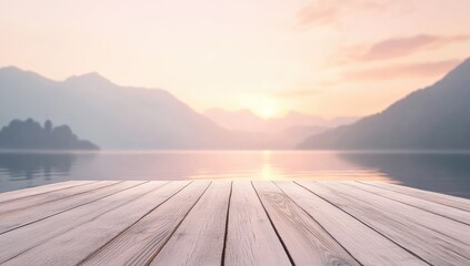 Tranquil sunrise over a lake, with a wooden deck