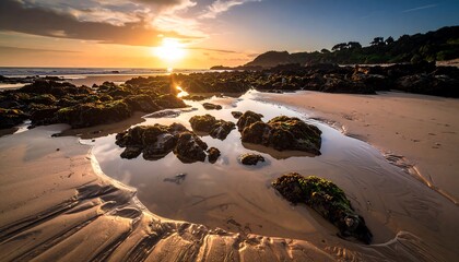 Stunning Sunset over Rocky Coastline Tide Pools and Golden Sands