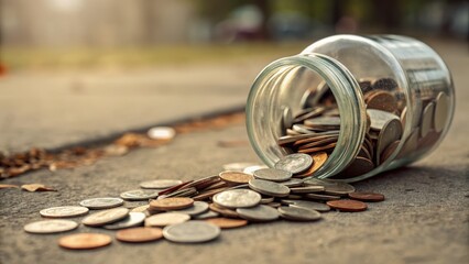Coins piling from glass jar with negative space