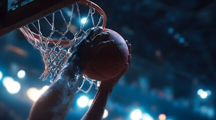 A dramatic shot captures the moment of scoring in basketball. Hands firmly hold the ball above the hoop in a dimly lit indoor arena.