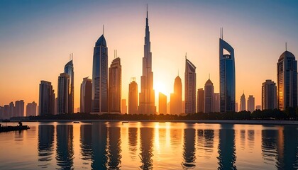 Dubai Skyline Sunrise Reflection.