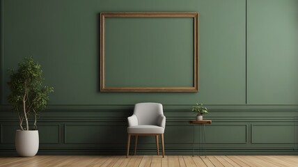 Modern Green Wall Interior with Empty Frame and Minimalist Decor for Home or Office Design