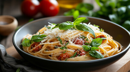 Spaghetti dish served with fresh basil and grated cheese on a wooden table with tomatoes in the background