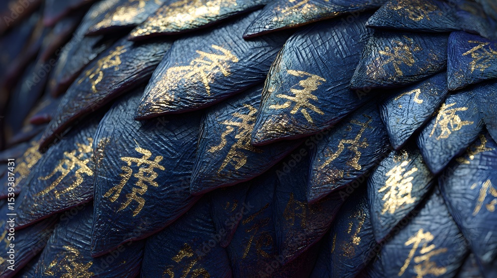 Poster close-up of detailed, overlapping textured scales in deep blue, adorned with intricate gold characte