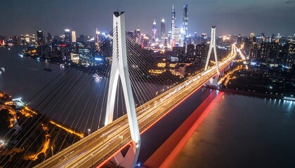 Fototapeta premium Night City Bridge with River Lights.