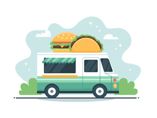 Food truck serving burgers and tacos in a vibrant outdoor setting 