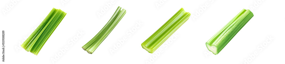 Poster set of close-up view of four celery stalks. isolated on transparent background