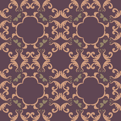 Seamless vintage damask floral tile design in orange, brown, and earthy tones, perfect for textile prints and home decor.