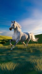 Fototapeta premium Ethereal equine, galloping through verdant fields beneath a boundless cerulean sky