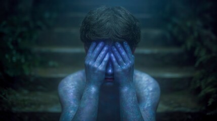 Sad Boy Hiding Face  Blue Body Paint  Dramatic Lighting  Cinematic  Stairs  Child  Despair