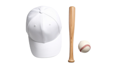 Baseball Cap, Bat and Ball Isolated on Transparent Background Top View