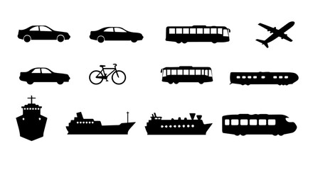 Transportation Icons Set Black Silhouettes Cars Buses Trains Ships Airplane Bicycle Graphic Design Elements