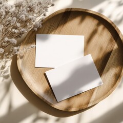 Mockup of Two Blank Postcards Positioned On a Wooden Tray with Dried Flowers in a Cozy Setting