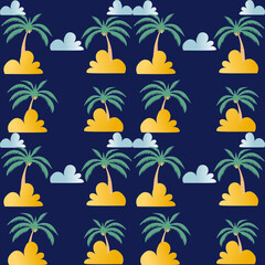 Captivating Repeating Pattern of Tropical Palm Trees Against a Dark Blue Background, Evoking a Summer Vacation Vibe and Exotic Beach Atmosphere, Perfect for Textile Design, Wallpaper, Product Packagin