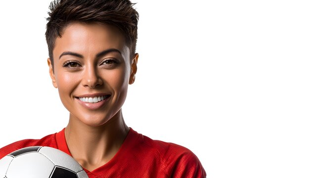 Confident athlete smiles holding soccer ball on white backdrop, exudes health, strength, determination, and sportsmanship. Ready for the game.