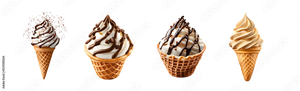 Poster set of assorted ice cream cones with chocolate and vanilla toppings. isolated on transparent backgro