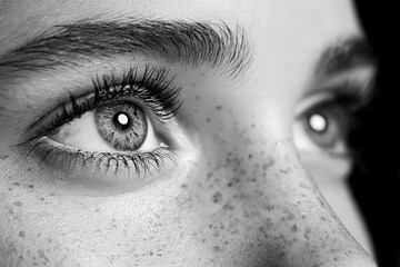 Close up Freckled Face  Jealous Gaze  Black   White Dramatic Portrait