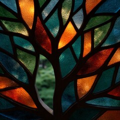 Colorful Stained Glass Tree Window  Autumn Hues  Nature Scene   Interior Design  Decorativ