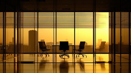 Sun-drenched modern office with cityscape view; four chairs around a table, golden hour light reflecting on polished floors, large window showcasing a hazy sunrise over buildings