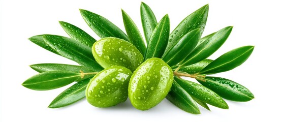 Fresh Green Olives with Dewy Leaves  Isolated  High Resolution Food Photography