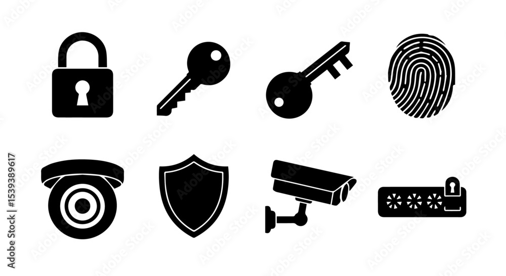 Poster secure your data with robust cybersecurity solutions featuring key lock icons, fingerprint scanner, 