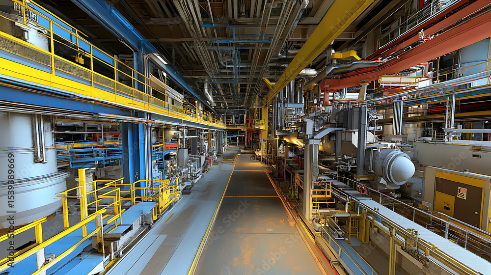 Poster a large industrial building with a large machine in the middle. the machine is orange and has a yell