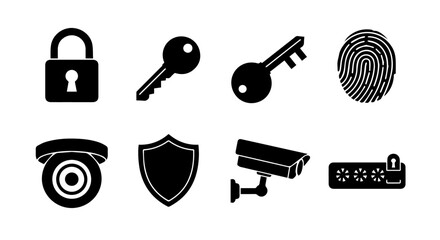 Secure your data with robust cybersecurity solutions featuring key lock icons, fingerprint scanner, CCTV camera, and shield graphics.