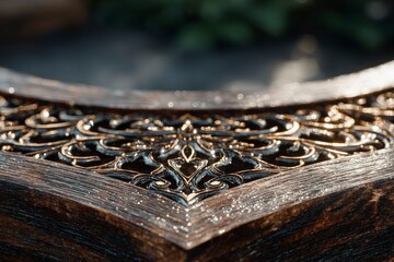 Intricate Wooden Filigree Crest   Floral Pattern  Dark Wood  Gold Accents   High Detail