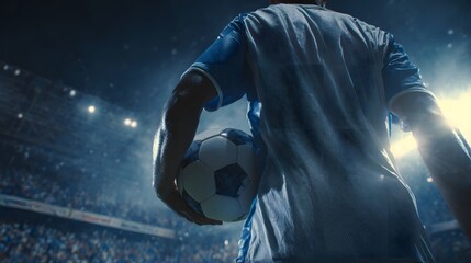 Athlete holding a soccer ball in an arena with a crowd of people in the background. Close-up view of back of player.