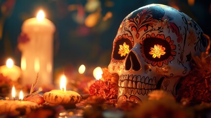 Floral Adorned Skull Illuminated by Candlelight for a Festive Celebration