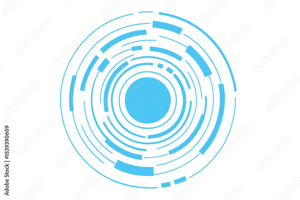 Poster rotating blue concentric circles creating a futuristic technological loading symbol with transparent