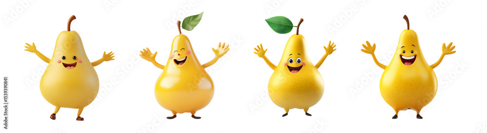 Poster set of cheerful pear fruit characters with arms raised. isolated on transparent background