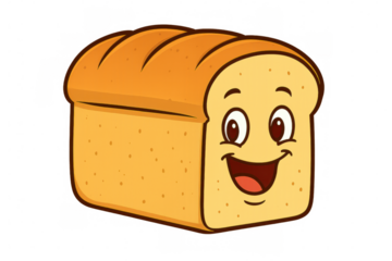 Cheerful bread loaf character grinning, cartoon-style graphic with transparent background