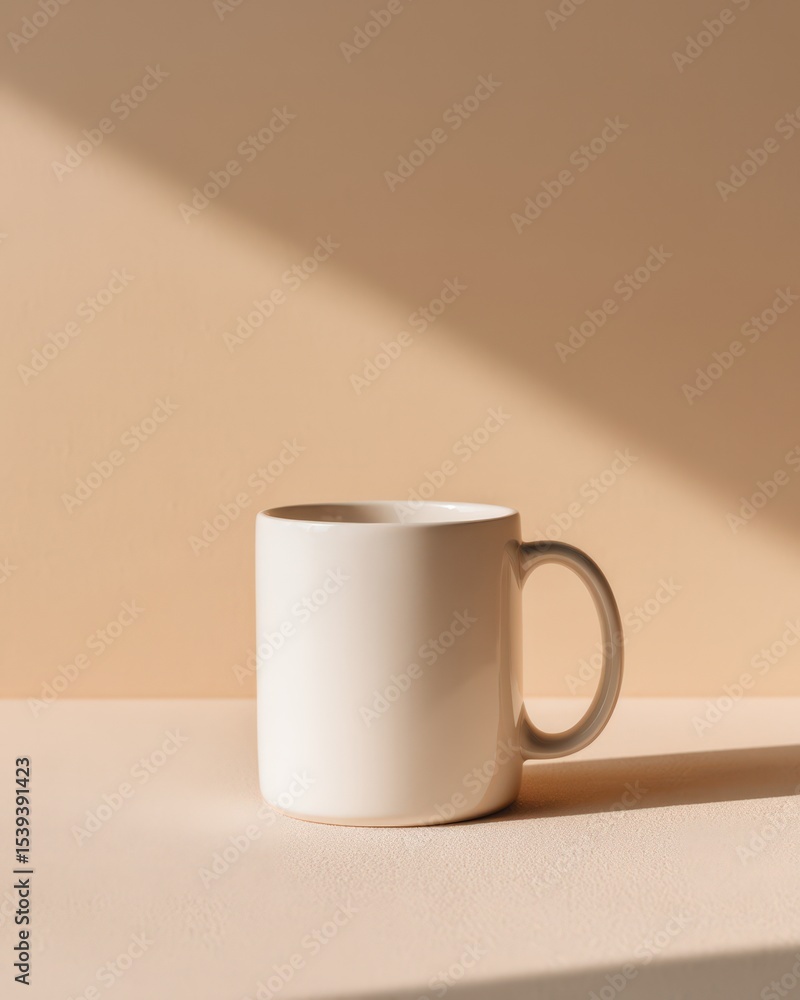 Poster plain white ceramic mug with soft shadows on a minimalistic background in natural light