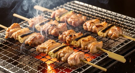 備長炭で焼き鳥を焼いている写真