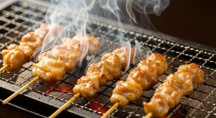 備長炭で焼き鳥を焼いている写真