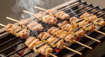 備長炭で焼き鳥を焼いている写真