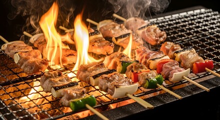 備長炭で焼き鳥を焼いている写真
